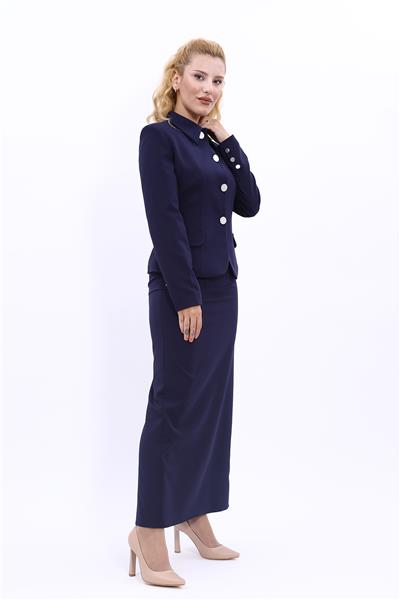 Gömlek Yaka Klasik Ceket &  Uzun Düz Dar Etek-Lacivert