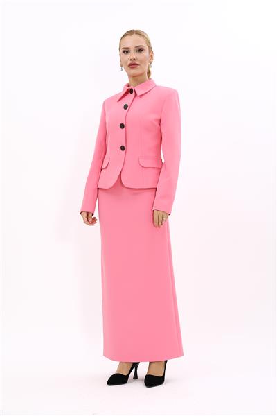 Gömlek Yaka Klasik Ceket &  Uzun Düz Dar Etek-Pembe