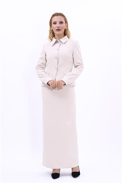 Gömlek Yaka Klasik Ceket &  Uzun Düz Dar Etek-Bej