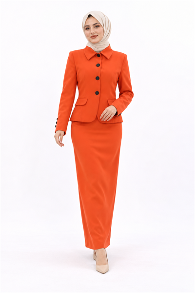 Gömlek Yaka Klasik Ceket & Uzun Düz Dar Etek-Turuncu - 1054553