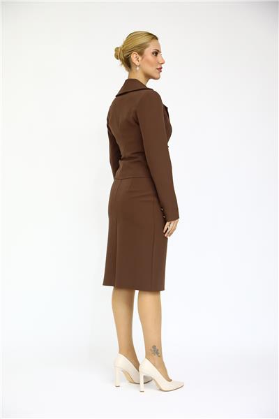 Gömlek Yaka Kuruvaze Kısa Ceket &  Düz Dar Etek-Kestane