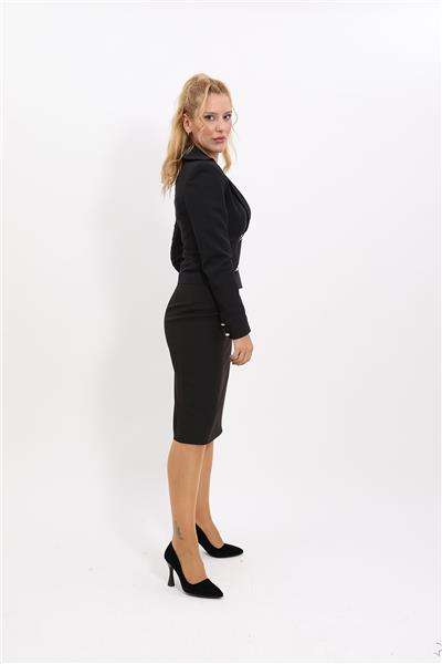 Gömlek Yaka Kuruvaze Kısa Ceket &  Düz Dar Etek-Siyah