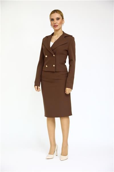 Gömlek Yaka Kuruvaze Kısa Ceket &  Düz Dar Etek-Kestane