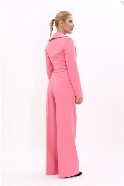 Gömlek Yaka Kuruvaze Kısa Ceket &  Korsaj Kemer Palazzo Pantolon-Pembe