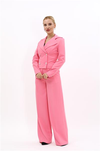 Gömlek Yaka Kuruvaze Kısa Ceket &  Korsaj Kemer Palazzo Pantolon-Pembe