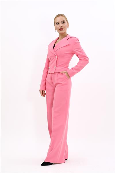 Gömlek Yaka Kuruvaze Kısa Ceket &  Korsaj Kemer Palazzo Pantolon-Pembe