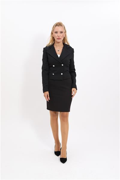 Gömlek Yaka Kuruvaze Kısa Ceket &  Yırtmaçlı Düz Dar Etek-Siyah