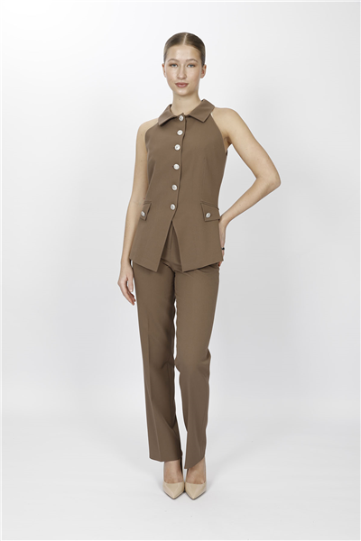 GÖMLEK YAKA MODELLİ YELEK TAKIM 1535505-Kahve