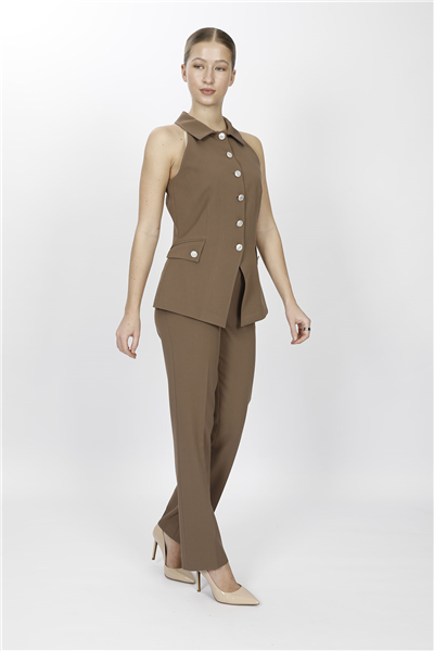 GÖMLEK YAKA MODELLİ YELEK TAKIM 1535505-Kahve