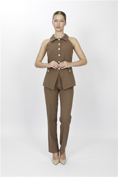 GÖMLEK YAKA MODELLİ YELEK TAKIM 1535505-Kahve