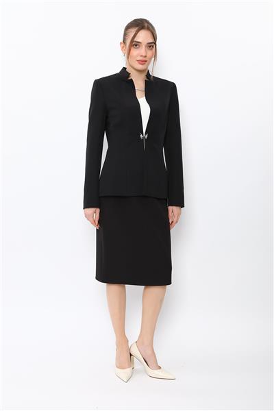 Hakim Yaka Tek Agraflı Düz Ceket & Düz Dar Etek-Siyah