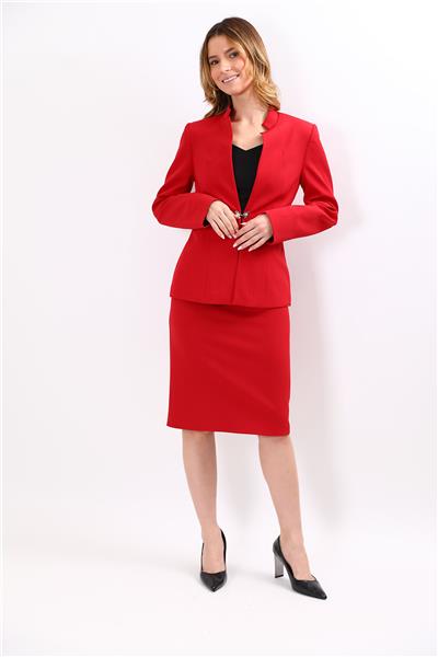 Hakim Yaka Tek Agraflı Düz Ceket & Düz Dar Etek-Kırmızı