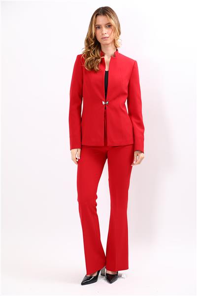 Hakim Yaka Tek Agraflı Düz Ceket & Kemerli İspanyol Paça Pantolon-Kırmızı