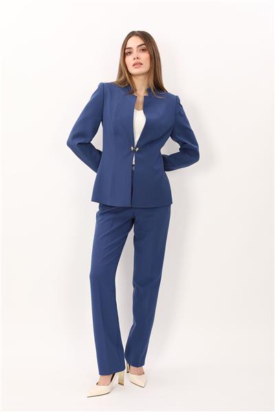 Hakim Yaka Tek Agraflı Düz Ceket & Kemerli Boru Paça Pantolon-İndigo