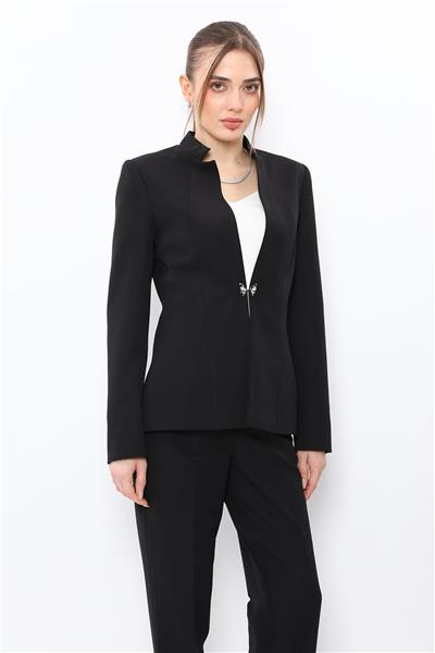 Hakim Yaka Tek Agraflı Düz Ceket-Siyah