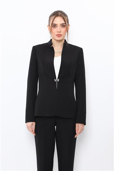 Hakim Yaka Tek Agraflı Düz Ceket-Siyah