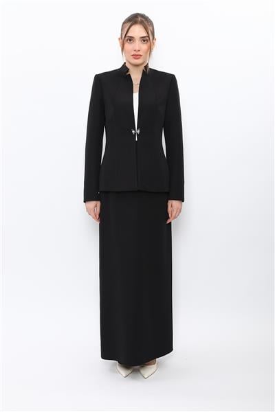 Hakim Yaka Tek Agraflı Düz Ceket & Uzun Düz Dar Etek-Siyah