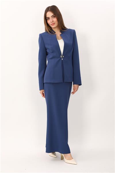 Hakim Yaka Tek Agraflı Düz Ceket & Uzun Düz Dar Etek-İndigo