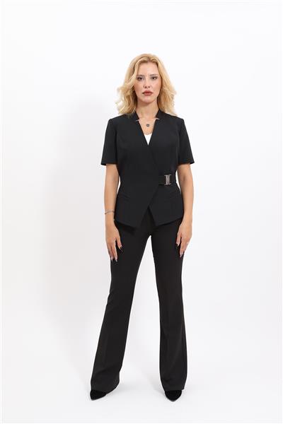 Hakim Yaka Tokalı Modern Ceket & İspanyol Paça Pantolon Kadın Takım Elbise-Siyah