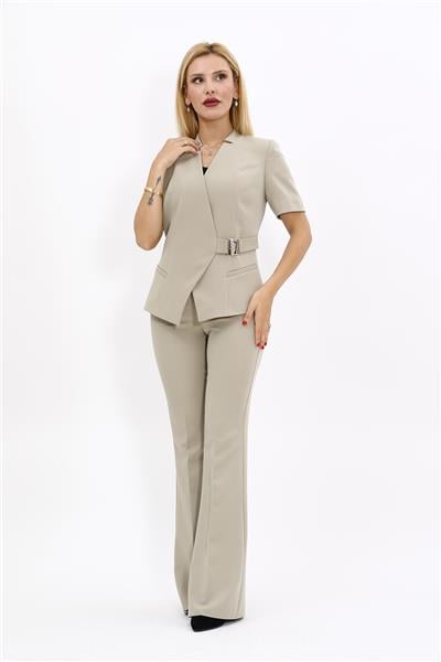 Hakim Yaka Yandan Tokalı Çapraz Ceket & İspanyol Paça Pantolon-Bambu
