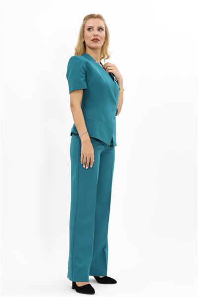 Hakim Yaka Yandan Tokalı Çapraz Ceket & Bol Paça Pantolon-Petrol