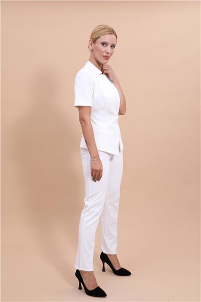 Hakim Yaka Yandan Tokalı Çapraz Ceket & Dar Paça Pantolon-Beyaz