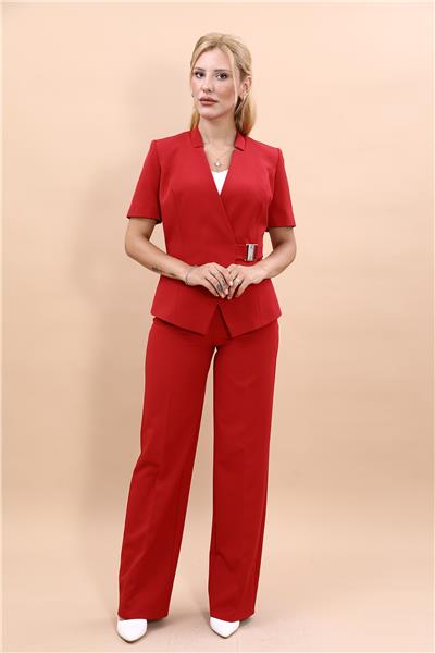 Hakim Yaka Yandan Tokalı Çapraz Ceket & Bol Paça Pantolon-Kırmızı