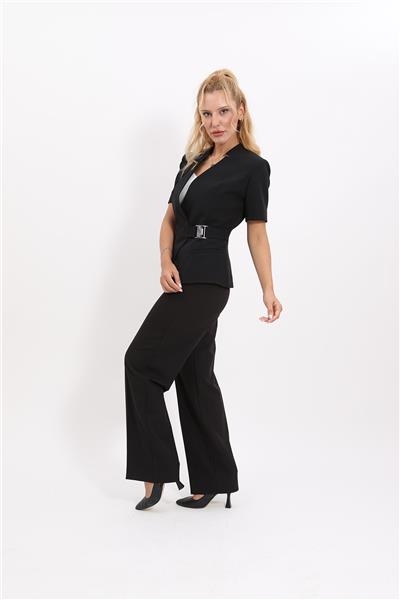 Hakim Yaka Yandan Tokalı Çapraz Ceket & Bol Paça Pantolon-Siyah