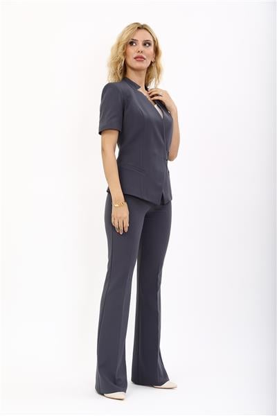 Hakim Yaka Yandan Tokalı Çapraz Ceket & İspanyol Paça Pantolon-Füme