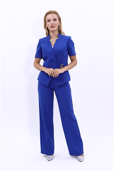 Hakim Yaka Yandan Tokalı Çapraz Ceket & Bol Paça Pantolon-Saks