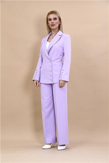 Erkek Yaka Düğme Detaylı Ceket & Bol Paça Pantolon-Menekşe