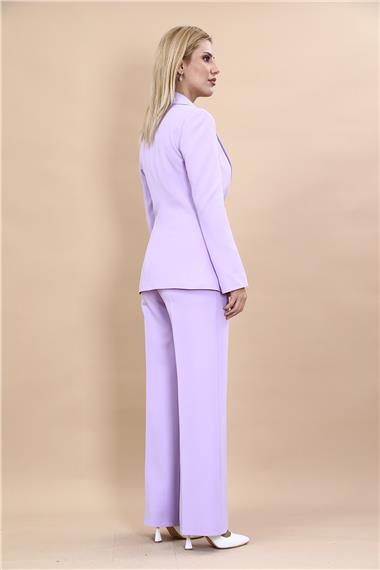 Erkek Yaka Düğme Detaylı Ceket & Bol Paça Pantolon-Menekşe