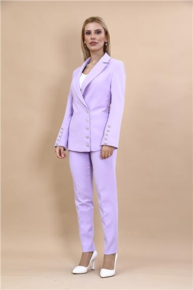 Erkek Yaka Düğme Detaylı Ceket & Dar Paça Pantolon-Menekşe