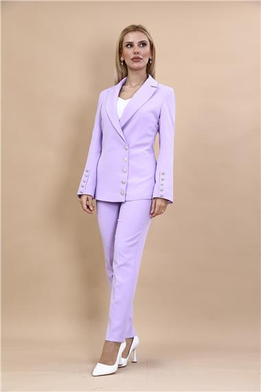 Erkek Yaka Düğme Detaylı Ceket & Dar Paça Pantolon-Menekşe