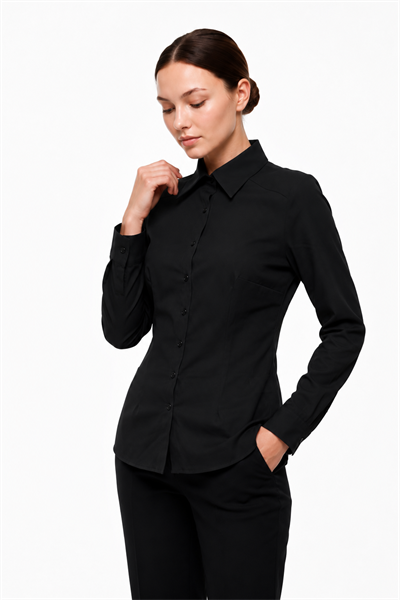 Kadın Slim Fit Dar Kesim Vucuda Oturan Uzun Kollu Basic Gömlek 3528100-Siyah - 3528100