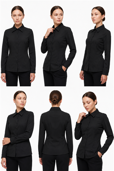 Kadın Slim Fit Dar Kesim Vucuda Oturan Uzun Kollu Basic Gömlek 3528100-Siyah - 3528100