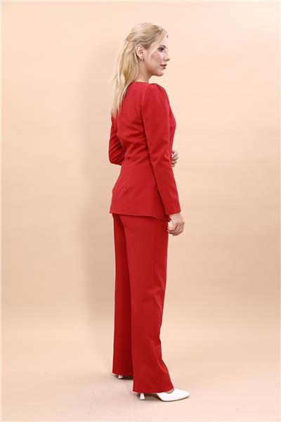 Kare Yaka Ceket & Bol Paça Pantolon-Kırmızı