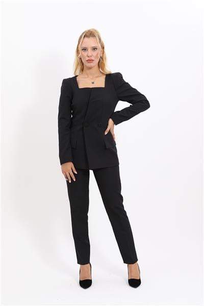 Kare Yaka Ceket & Dar Paça Pantolon-Siyah