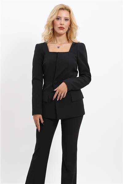 Kare Yaka Ceket & İspanyol Paça Pantolon-Siyah