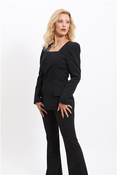 Kare Yaka Ceket & İspanyol Paça Pantolon-Siyah