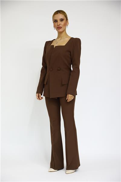 Kare Yaka Ceket & İspanyol Paça Pantolon-Kestane
