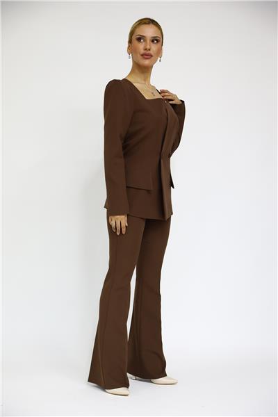 Kare Yaka Ceket & İspanyol Paça Pantolon-Kestane
