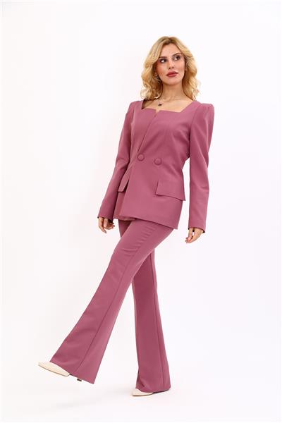 Kare Yaka Ceket & İspanyol Paça Pantolon-Rose
