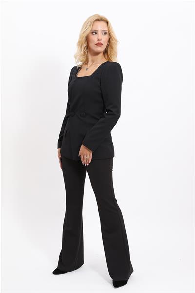 Kare Yaka Ceket & İspanyol Paça Pantolon-Siyah