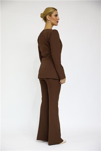 Kare Yaka Ceket & İspanyol Paça Pantolon-Kestane