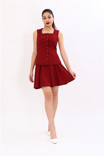 Kare Yaka Düğmeli Modern Yelek & Kısa Pileli Kloş Etek Kadın Takım Elbise-Bordo