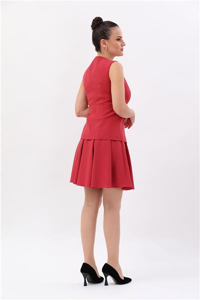 Kare Yaka Düğmeli Modern Yelek & Kısa Pileli Kloş Etek Kadın Takım Elbise-Kiremit