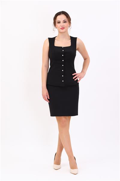 Kare Yaka Düğmeli Modern Yelek & Mini Yırtmaçlı Kısa Dar Etek Kadın Takım Elbise-Siyah