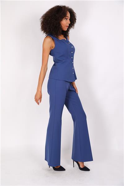 Kare Yaka Kuplu Yelek & İspanyol Paça Pantolon-İndigo