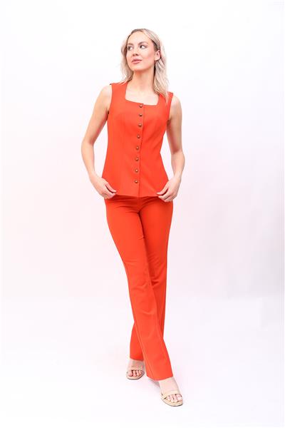 Kare Yaka Kuplu Yelek & İspanyol Paça Pantolon-Turuncu